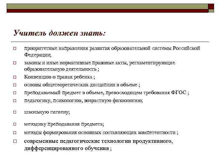Учитель должен знать: o приоритетные направления развития образовательной системы Российской Федерации; законы и иные