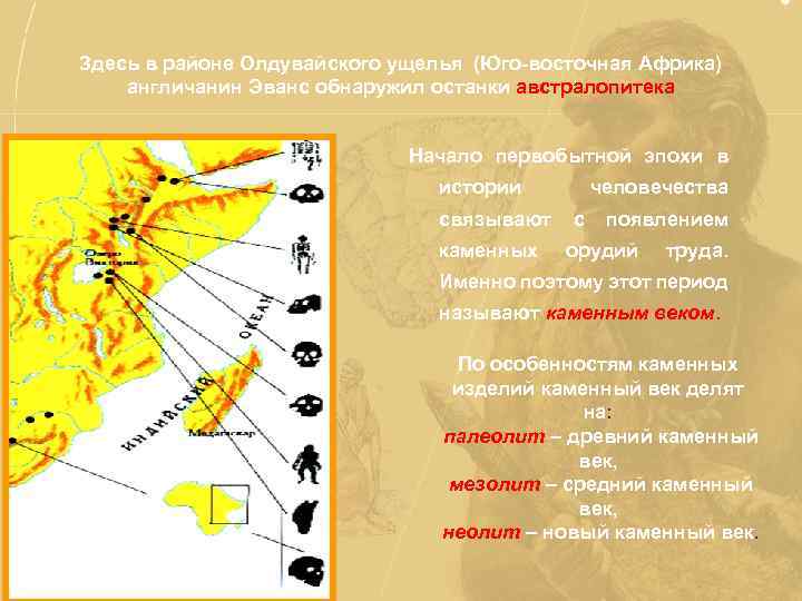 Здесь в районе Олдувайского ущелья (Юго-восточная Африка) англичанин Эванс обнаружил останки австралопитека Начало первобытной