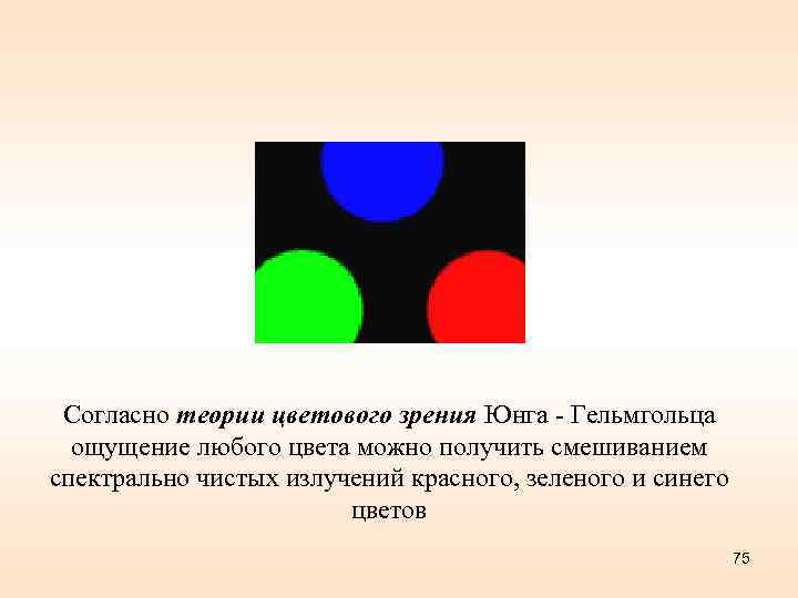 Согласно теории цветового зрения Юнга - Гельмгольца ощущение любого цвета можно получить смешиванием спектрально