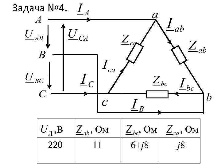 Задача № 4. , В 220 , Ом 11 , Ом 6+j 8 ,