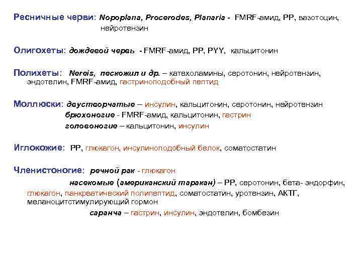 Ресничные черви: Nopoplana, Procerodes, Planaria - FMRF-амид, РР, вазотоцин, нейротензин Олигохеты: дождевой червь -