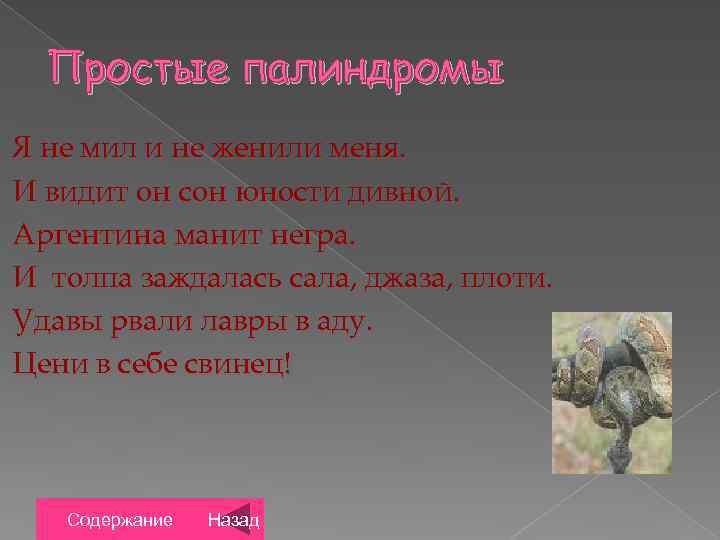 Простые палиндромы Я не мил и не женили меня. И видит он сон юности