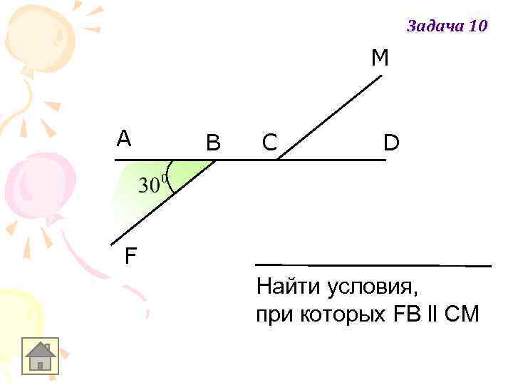 Задача 10 M A B C D F Найти условия, при которых FB ll