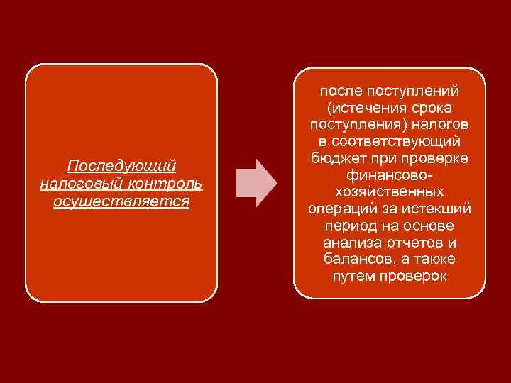 Последующий налоговый контроль осуществляется после поступлений (истечения срока поступления) налогов в соответствующий бюджет при
