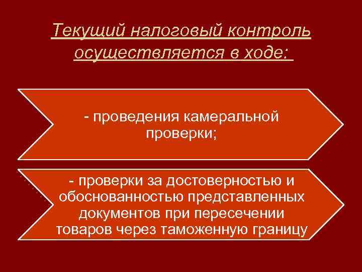 Текущий налоговый контроль осуществляется в ходе: - проведения камеральной проверки; - проверки за достоверностью