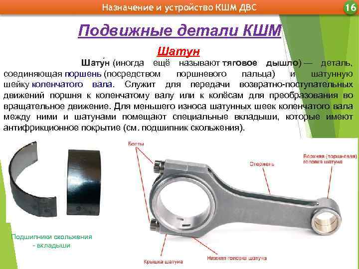 Назначение и устройство КШМ ДВС 16 Подвижные детали КШМ Шатун Шату н (иногда ещё