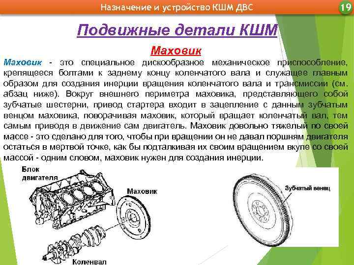 Назначение и устройство КШМ ДВС 19 Подвижные детали КШМ Маховик - это специальное дискообразное