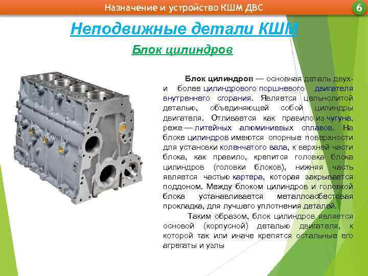 Назначение и устройство КШМ ДВС Неподвижные детали КШМ Блок цилиндров — основная деталь двух-