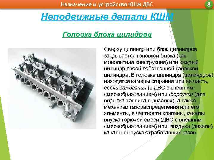 Назначение и устройство КШМ ДВС 8 Неподвижные детали КШМ Головка блока цилидров Сверху цилиндр