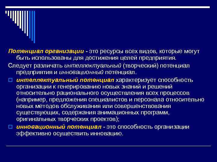Потенциал организации - это ресурсы всех видов, которые могут быть использованы для достижения целей