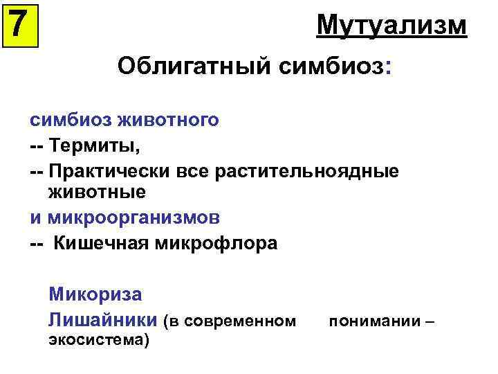 7 Мутуализм Облигатный симбиоз: симбиоз животного -- Термиты, -- Практически все растительноядные животные и