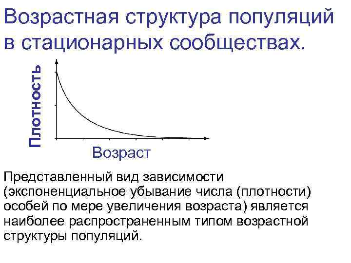 Плотность Возрастная структура популяций в стационарных сообществах. Возраст Представленный вид зависимости (экспоненциальное убывание числа