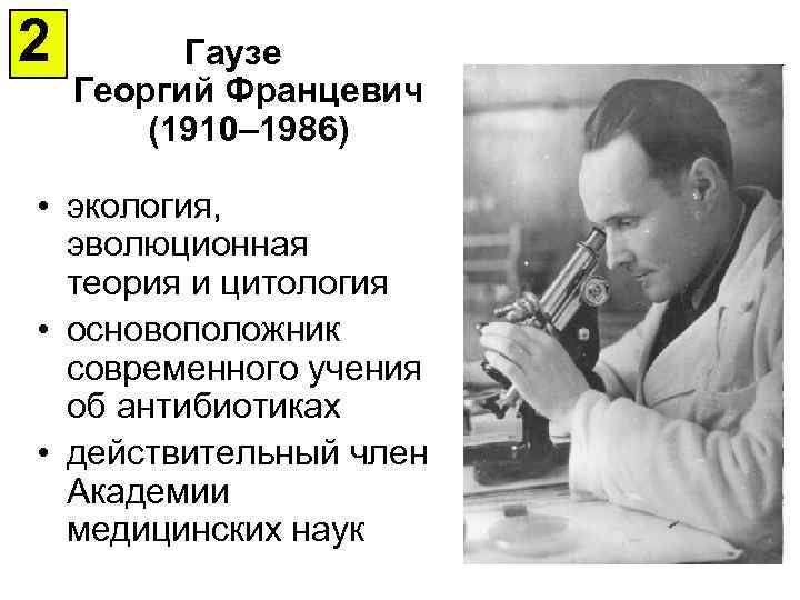 2 Гаузе Георгий Францевич (1910– 1986) • экология, эволюционная теория и цитология • основоположник