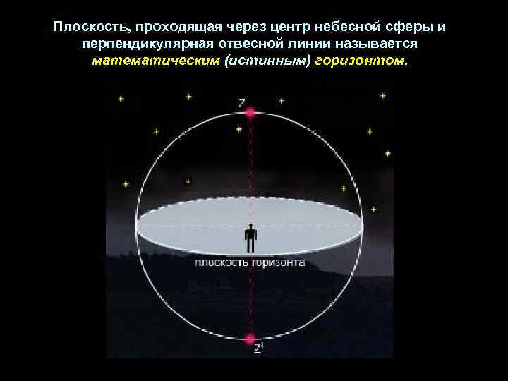 Плоскость, проходящая через центр небесной сферы и перпендикулярная отвесной линии называется математическим (истинным) горизонтом.