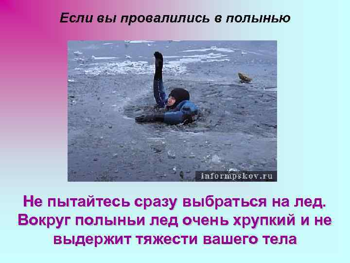 Если вы провалились в полынью Не пытайтесь сразу выбраться на лед. Вокруг полыньи лед