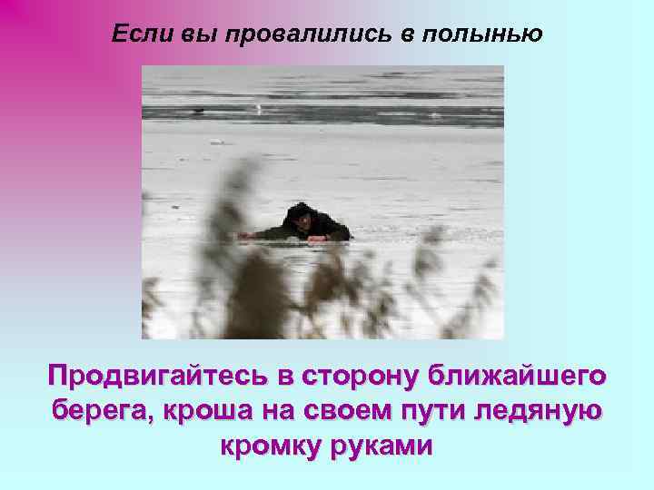 Если вы провалились в полынью Продвигайтесь в сторону ближайшего берега, кроша на своем пути
