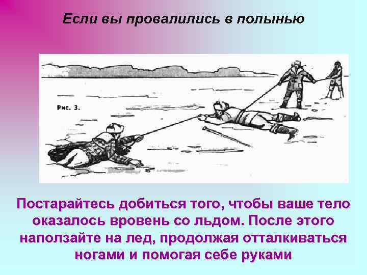 Если вы провалились в полынью Постарайтесь добиться того, чтобы ваше тело оказалось вровень со
