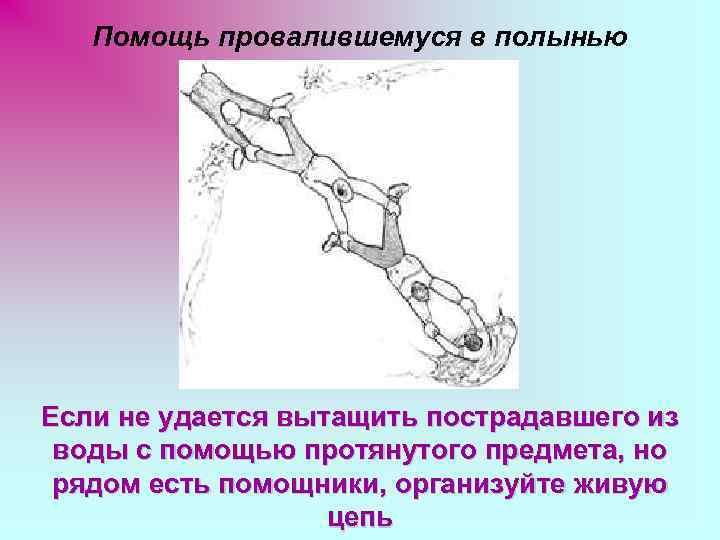 Помощь провалившемуся в полынью Если не удается вытащить пострадавшего из воды с помощью протянутого