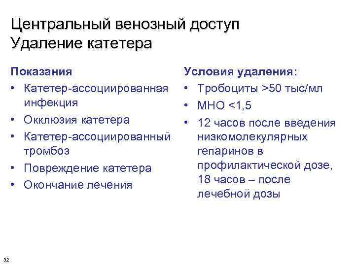 Центральный венозный доступ Удаление катетера Показания • Катетер-ассоциированная инфекция • Окклюзия катетера • Катетер-ассоциированный