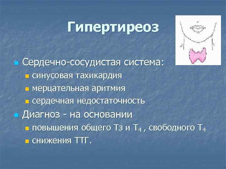 Гипертиреоз n Сердечно-сосудистая система: синусовая тахикардия n мерцательная аритмия n сердечная недостаточность n n