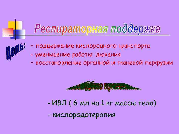- поддержание кислородного транспорта - уменьшение работы дыхания - восстановление органной и тканевой перфузии