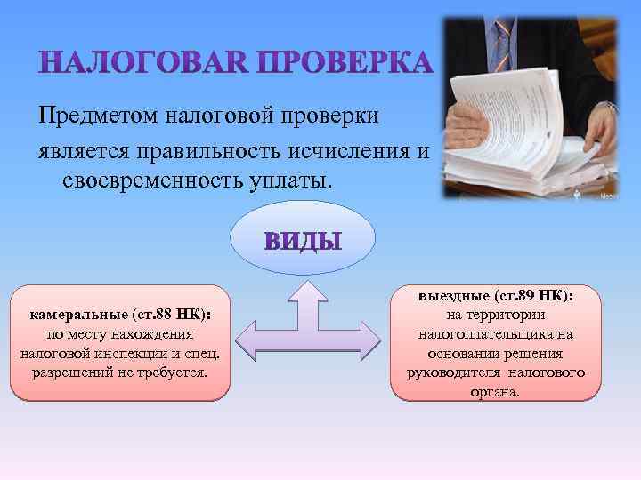 Предметом налоговой проверки является правильность исчисления и своевременность уплаты. камеральные (ст. 88 НК): по