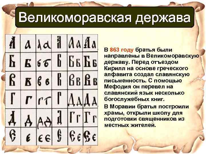Великоморавская держава • В 863 году братья были направлены в Великоморавскую державу. Перед отъездом