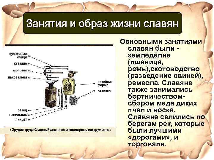 Занятия и образ жизни славян Основными занятиями славян были земледелие (пшеница, рожь), скотоводство (разведение
