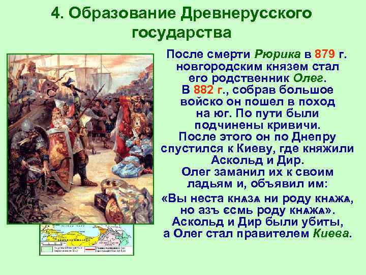 4. Образование Древнерусского государства После смерти Рюрика в 879 г. новгородским князем стал его