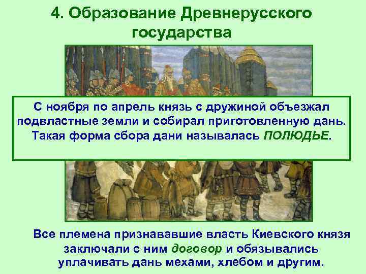 4. Образование Древнерусского государства С ноября по апрель князь с дружиной объезжал подвластные земли