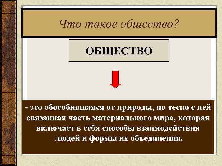 Что такое общество? ОБЩЕСТВО - это обособившаяся от природы, но тесно с ней связанная