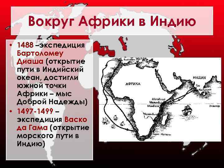 Вокруг Африки в Индию • 1488 –экспедиция Бартоломеу Диаша (открытие пути в Индийский океан,