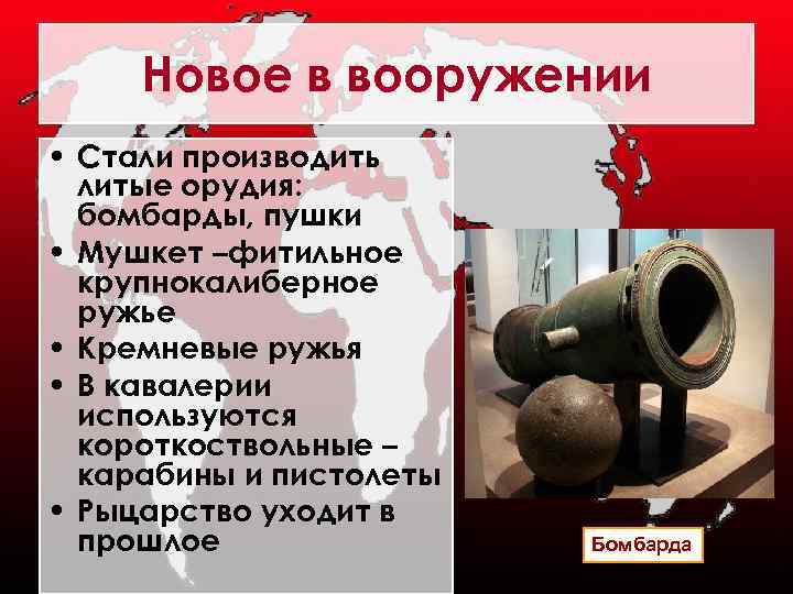 Новое в вооружении • Стали производить литые орудия: бомбарды, пушки • Мушкет –фитильное крупнокалиберное