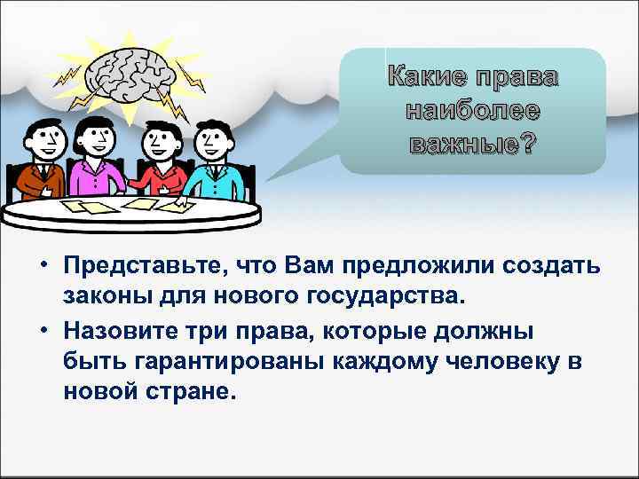 Какие права наиболее важные? • Представьте, что Вам предложили создать законы для нового государства.