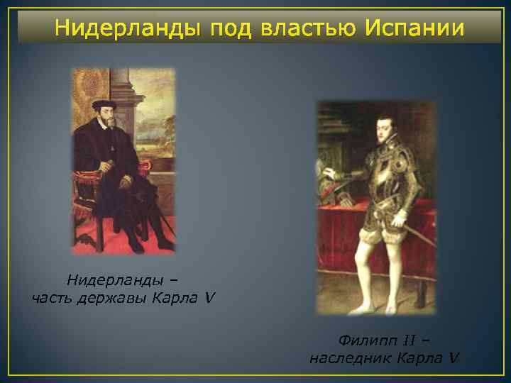 Нидерланды под властью Испании Нидерланды – часть державы Карла V Филипп II – наследник