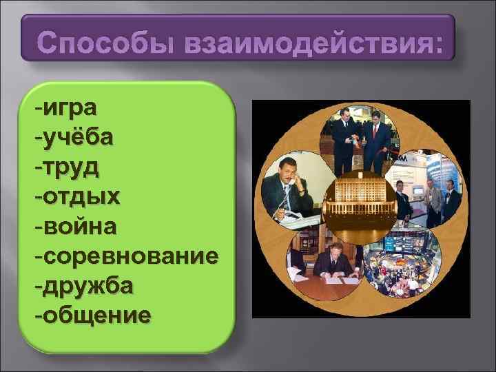 Способы взаимодействия: -игра -учёба -труд -отдых -война -соревнование -дружба -общение 