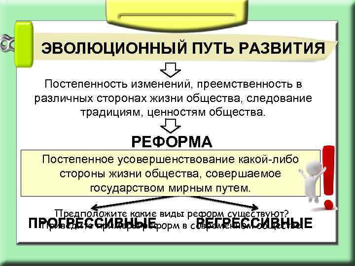ЭВОЛЮЦИОННЫЙ ПУТЬ РАЗВИТИЯ Постепенность изменений, преемственность в различных сторонах жизни общества, следование традициям, ценностям