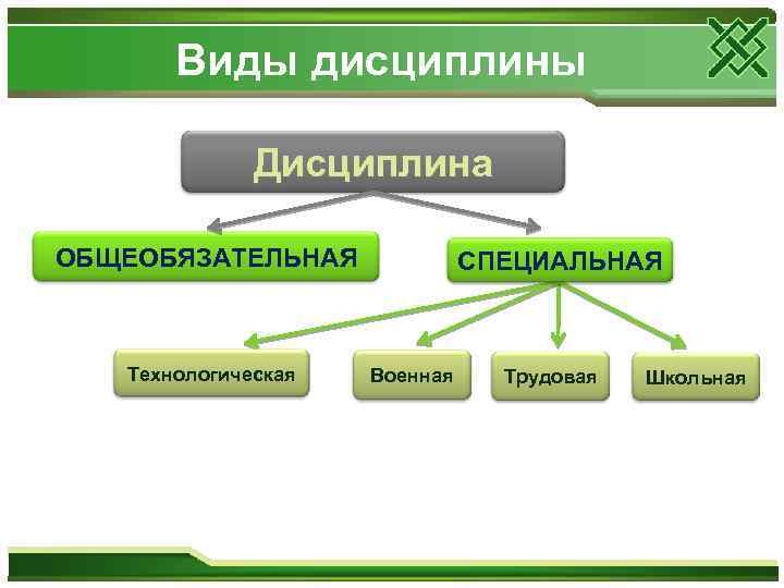 Виды дисциплины Дисциплина ОБЩЕОБЯЗАТЕЛЬНАЯ Технологическая СПЕЦИАЛЬНАЯ Военная Трудовая Школьная 