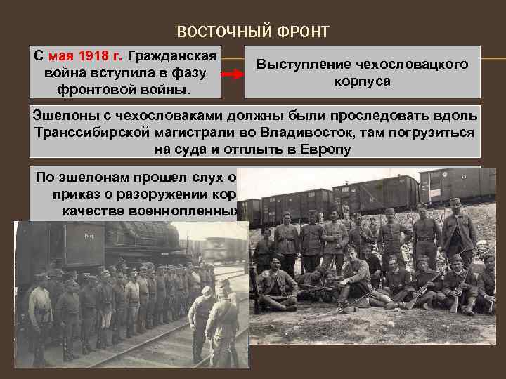 ВОСТОЧНЫЙ ФРОНТ С мая 1918 г. Гражданская война вступила в фазу фронтовой войны. Выступление