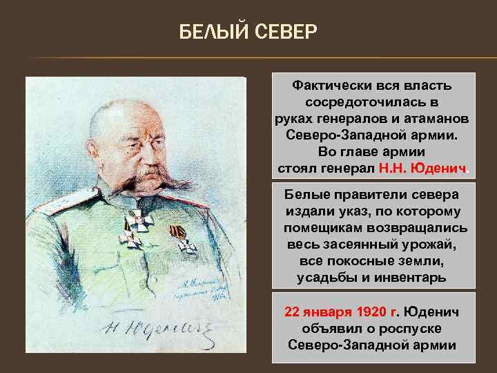 БЕЛЫЙ СЕВЕР Фактически вся власть сосредоточилась в руках генералов и атаманов Северо-Западной армии. Во