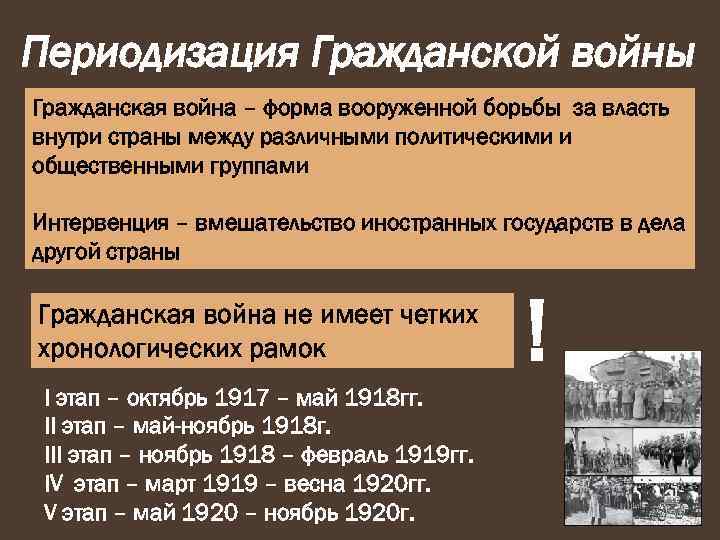 Периодизация Гражданской войны Гражданская война – форма вооруженной борьбы за власть внутри страны между