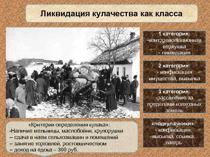 Ликвидация кулачества как класса 1 категория: -контрреволюционная верхушка - ликвидация 2 категория: - конфискация