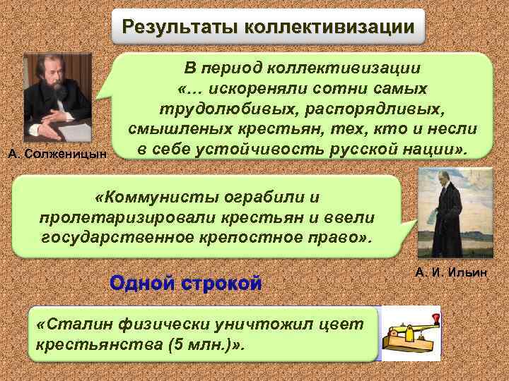 Результаты коллективизации А. Солженицын В период коллективизации «… искореняли сотни самых трудолюбивых, распорядливых, смышленых