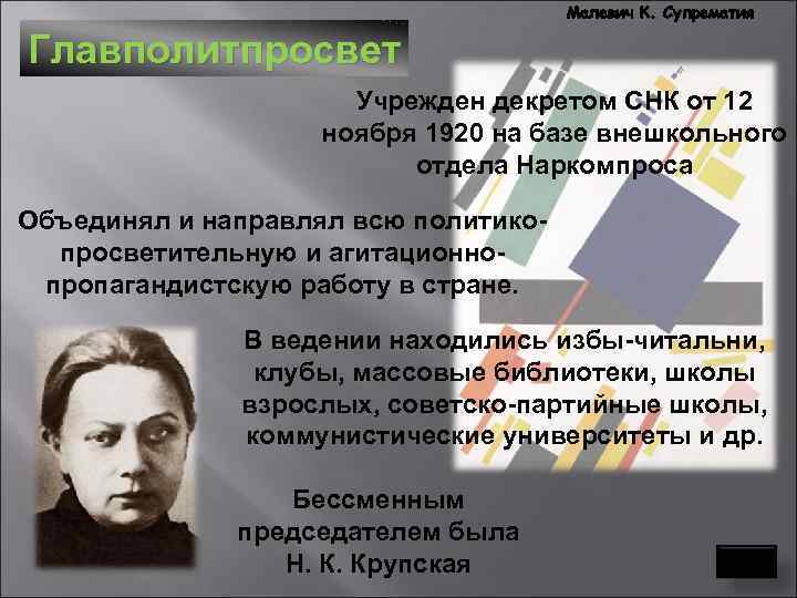 Малевич К. Супрематия Главполитпросвет Учрежден декретом СНК от 12 ноября 1920 на базе внешкольного