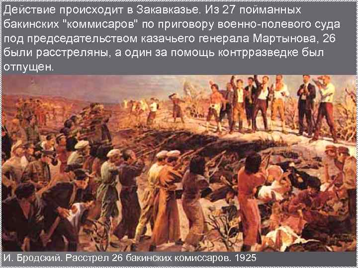 Действие происходит в Закавказье. Из 27 пойманных бакинских "коммисаров" по приговору военно-полевого суда под