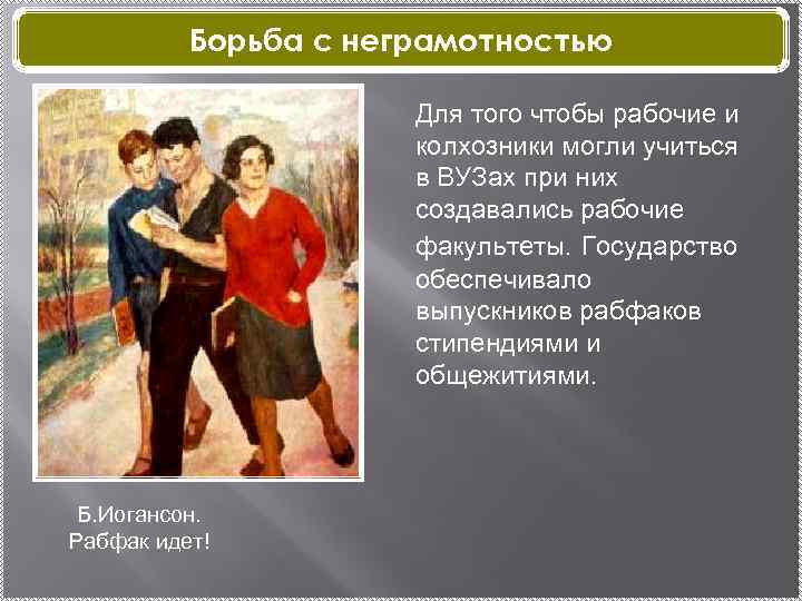 Борьба с неграмотностью Для того чтобы рабочие и колхозники могли учиться в ВУЗах при
