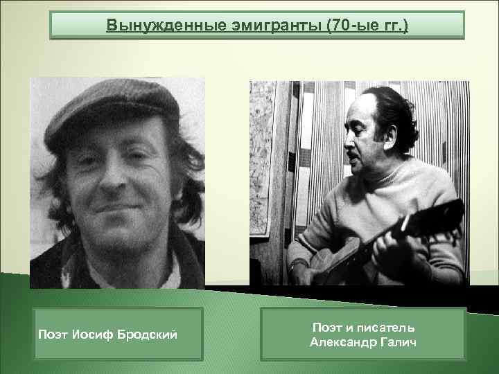 Вынужденные эмигранты (70 -ые гг. ) Поэт Иосиф Бродский Поэт и писатель Александр Галич