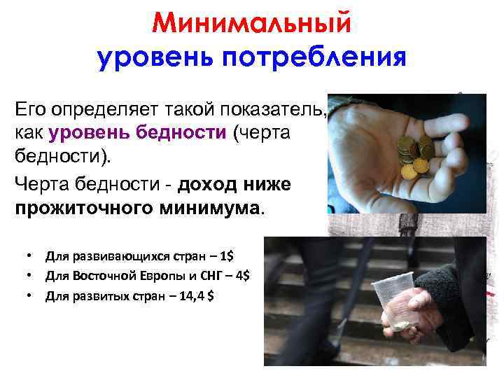 Минимальный уровень потребления Его определяет такой показатель, как уровень бедности (черта бедности). Черта бедности