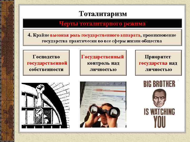 Тоталитаризм Черты тоталитарного режима 4. Крайне высокая роль государственного аппарата, проникновение высокая роль государственного