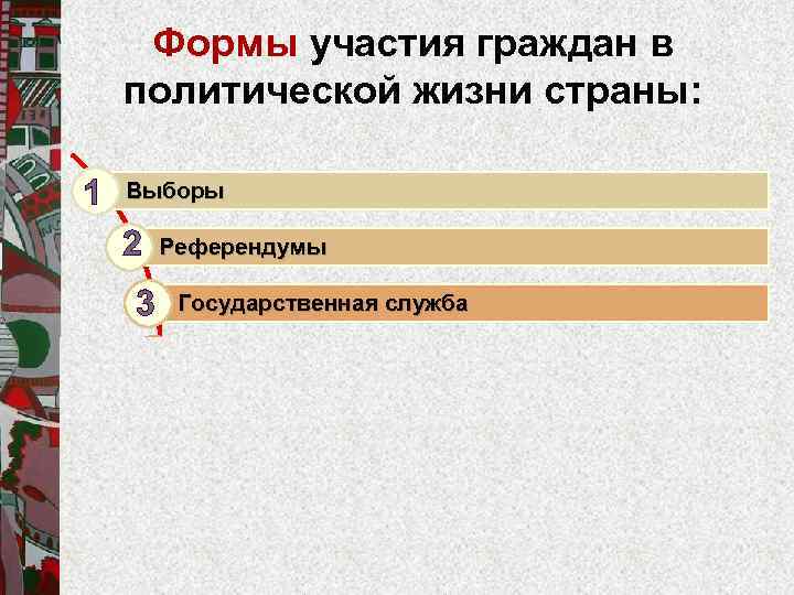 Формы участия граждан в политической жизни страны: 1 Выборы 2 Референдумы 3 Государственная служба